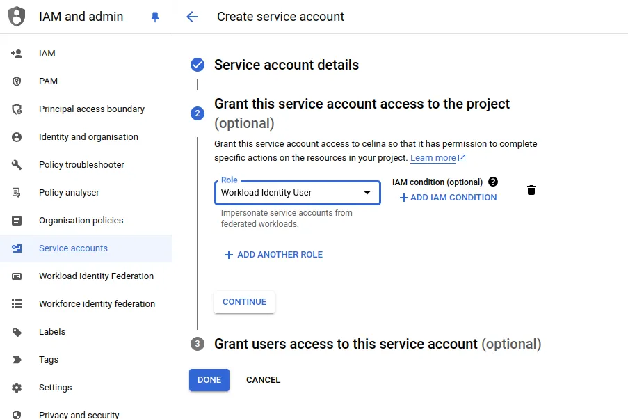 Create Service Account Conosole